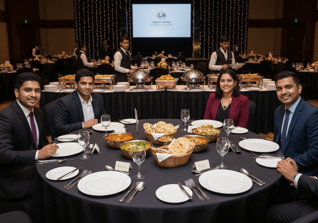 Professional corporate event catering with elegant food presentation and business setting