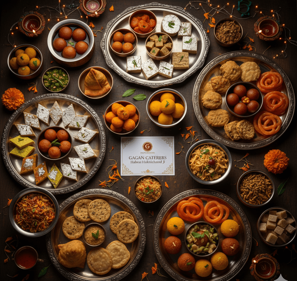 Delicious traditional Indian sweets and savories arranged on decorative platters